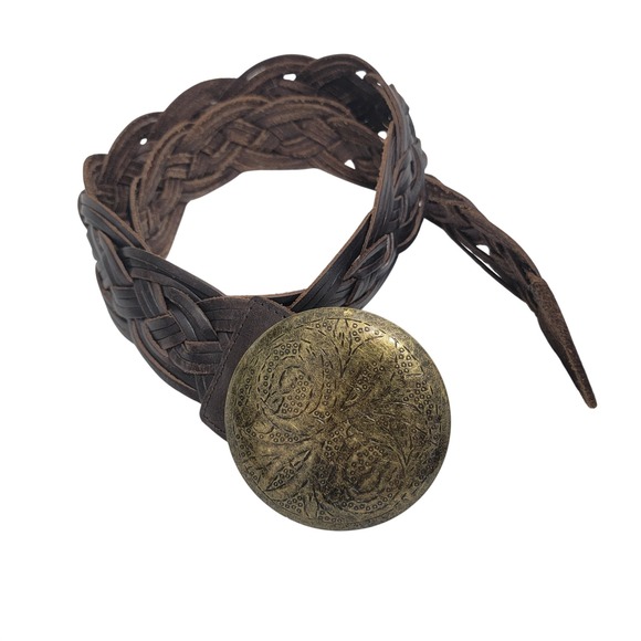 Vintage OLD NAVY Braided Leather Belt Dark Brown Brass Medallion Plate Buckle S - Picture 2 of 13